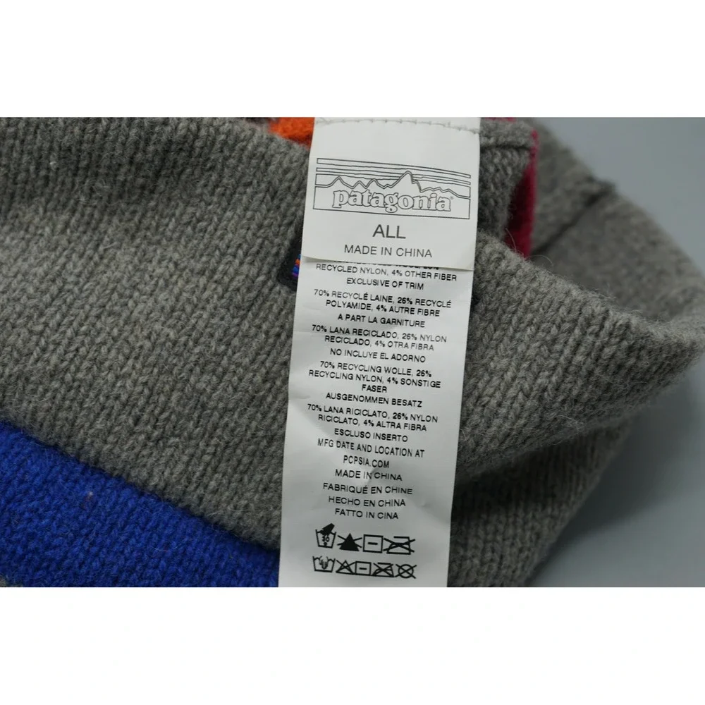 Patagonia Vintage Town Beanie Grey Striped Wool Blend Pom Pom Hat